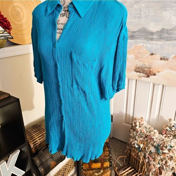 Vtg Melrose Rayon Blend Teal Ribbed Button Front Casual Blouse. - Picture 8 of 13